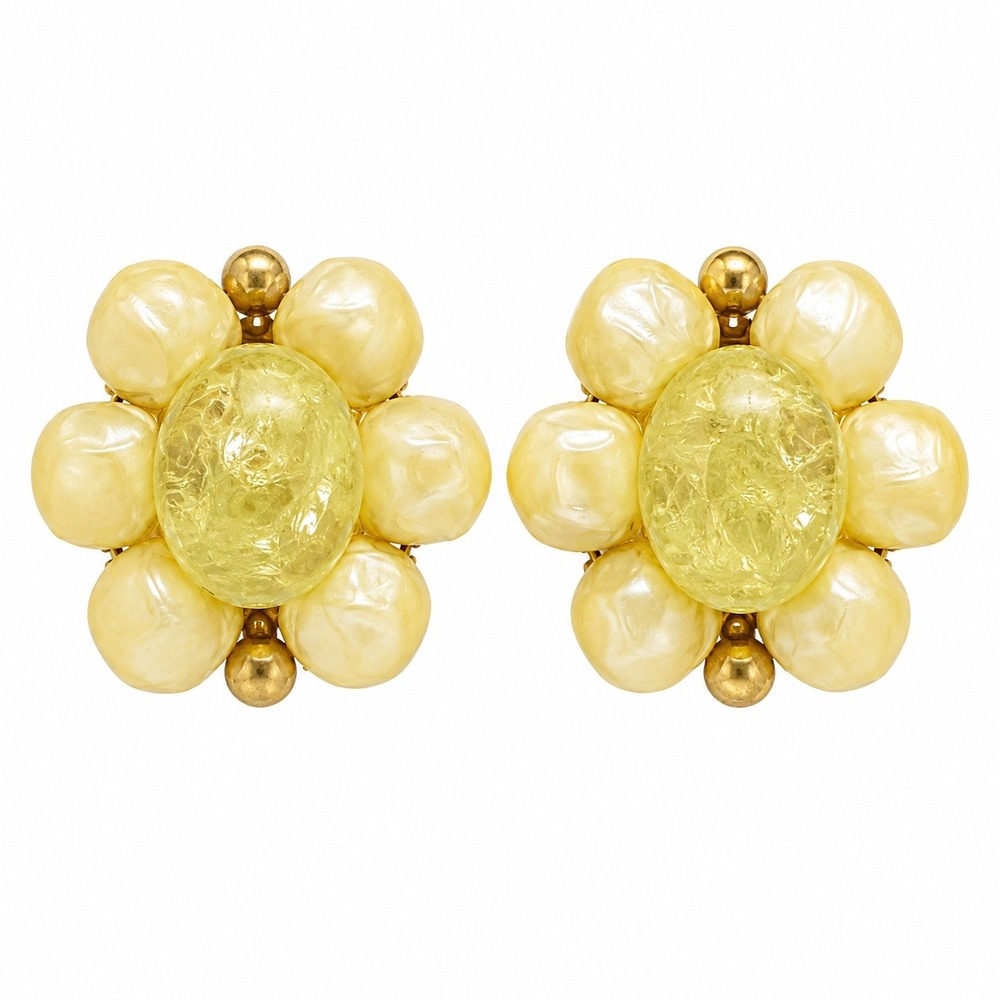 Vintage 1960s Yellow Beaded Flower Clip On Earrings Lucite Pearl Cluster